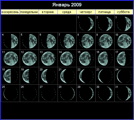 Лунный календарь на январь 2009 года