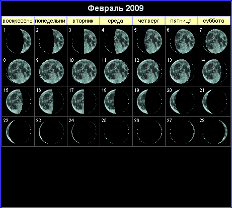Лунный календарь на февраль 2009 года