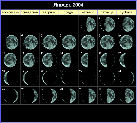 Лунный календарь на январь 2004 года