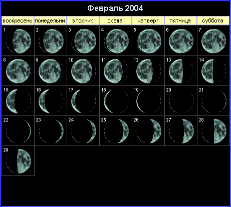 Лунный календарь на февраль 2004 года
