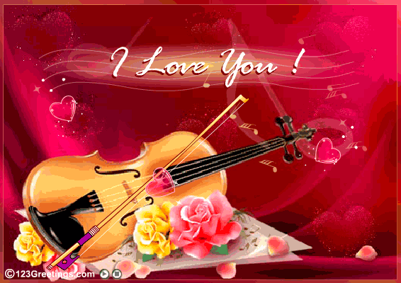 Прикольная гиф открытка на день святого Валентина: скрипка со смычком и признание в любви